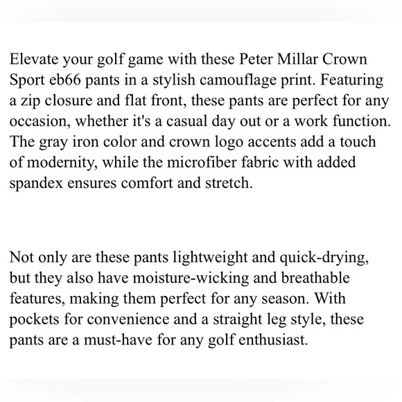 Peter Millar Golf Pants Crown Sport eb66 Camo Print 36 x 32 Gray Iron Polyester